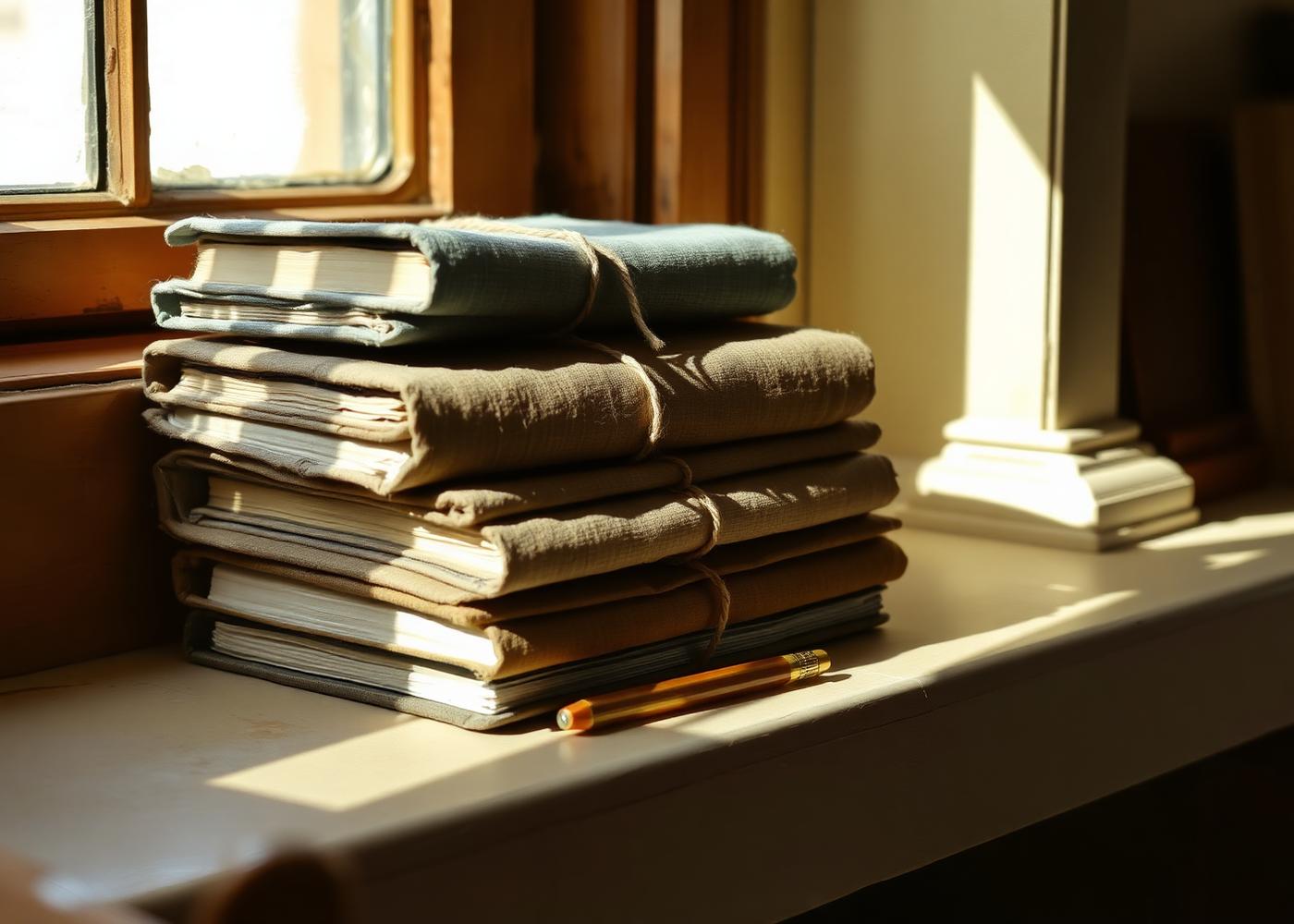 Stapel dichtgebonden schriften op een vensterbank